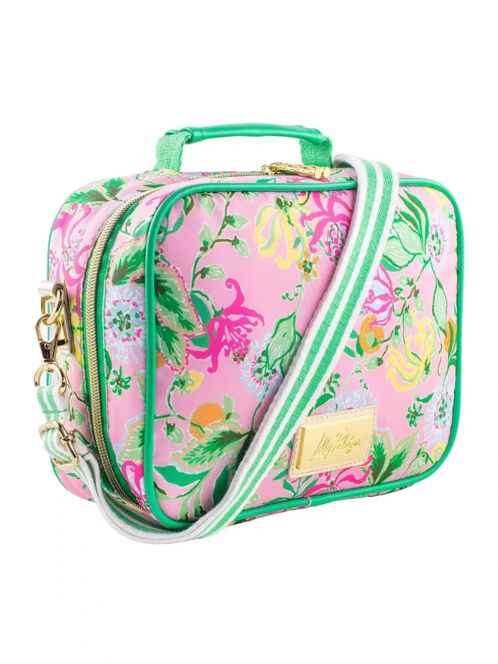 New Lilly Pulitzer Pink Floral Crossbody Bag Lunch Box with Green Striped Strap